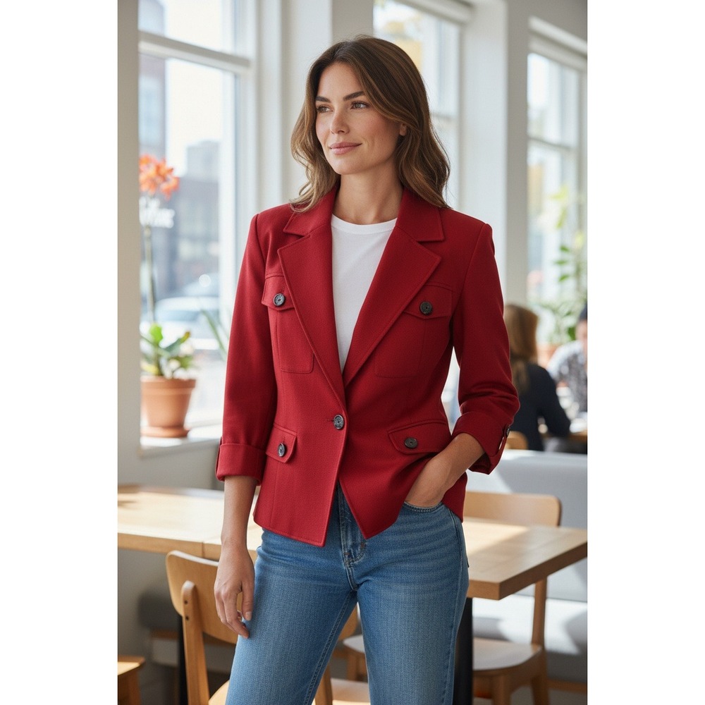 Cabi Red Double Breasted Cropped Blazer Jacket Size 8